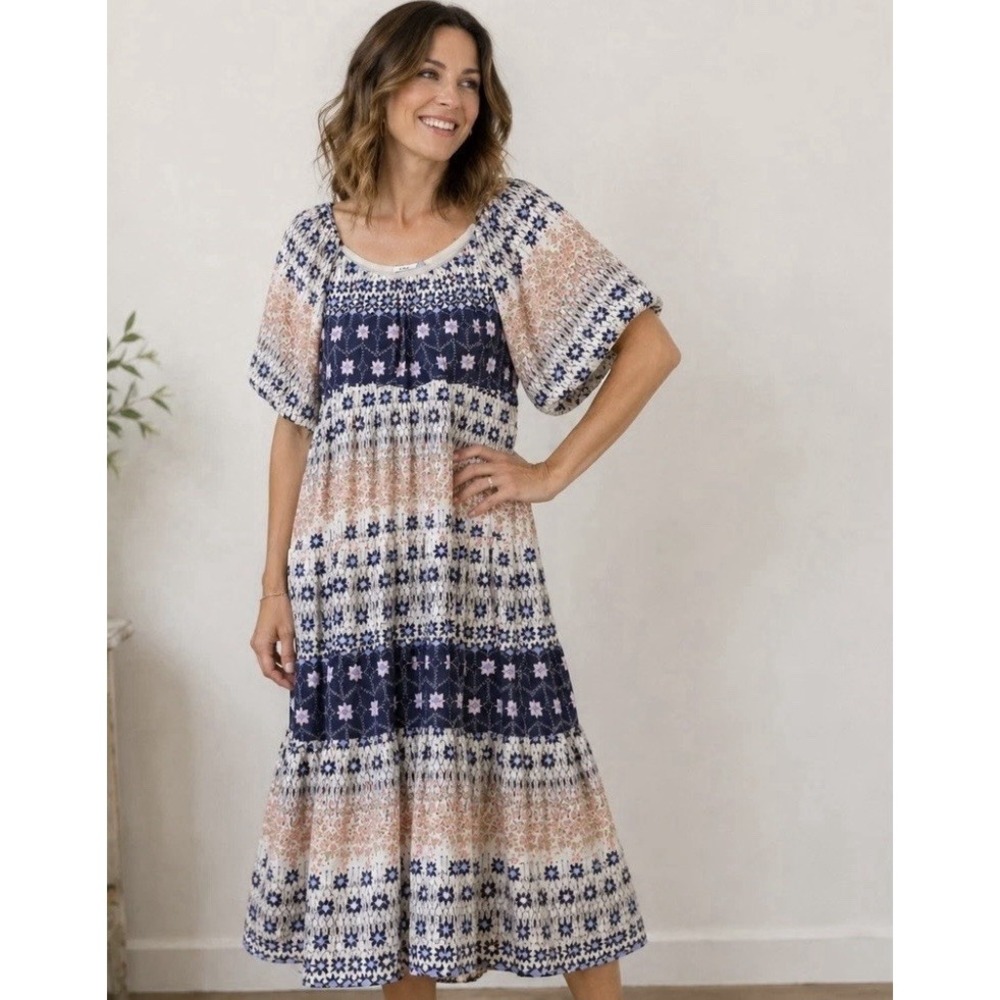 DEX Tiered Floral Midi Dress Sz S Scoop Back Ivory Blue Prairie Peasant Boho